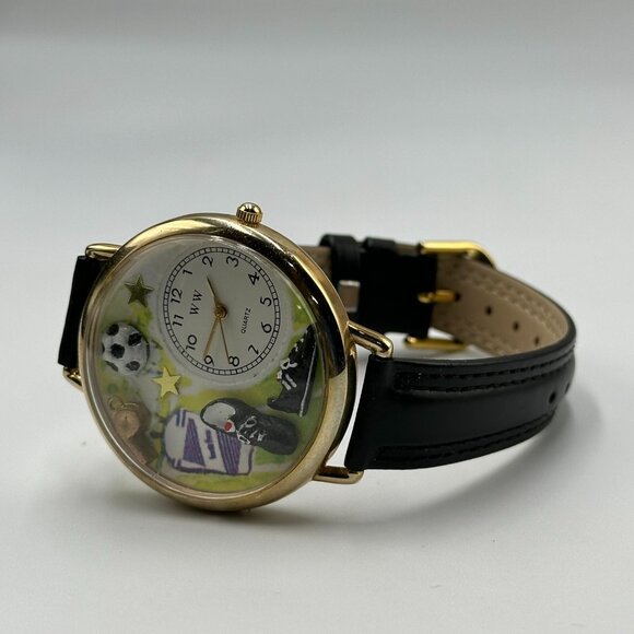WW Whimsical Soccer Watch Men Gold Tone Black Leather Band 40MM Case New Battery - Picture 7 of 12